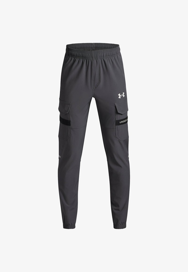 Dark gray Under Armour cargo pants with elastic waistband and cuffs, side flap pockets, and black strap details on legs.