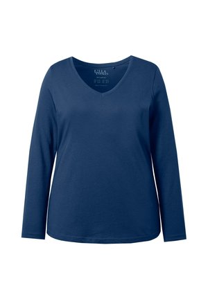 T-shirt en coton bleu marine à manches longues et décolleté en V pour femme, avec une coupe décontractée et des coutures discrètes le long de l'ourlet et des poignets.