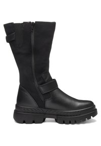 Schwarzer Stiefel bis zur Mitte der Wade mit klobiger Sohle, seitlichem Reißverschluss und einem Klettverschlussriemen um den Knöchel, kombiniert aus Leder- und Stoffmaterialien.