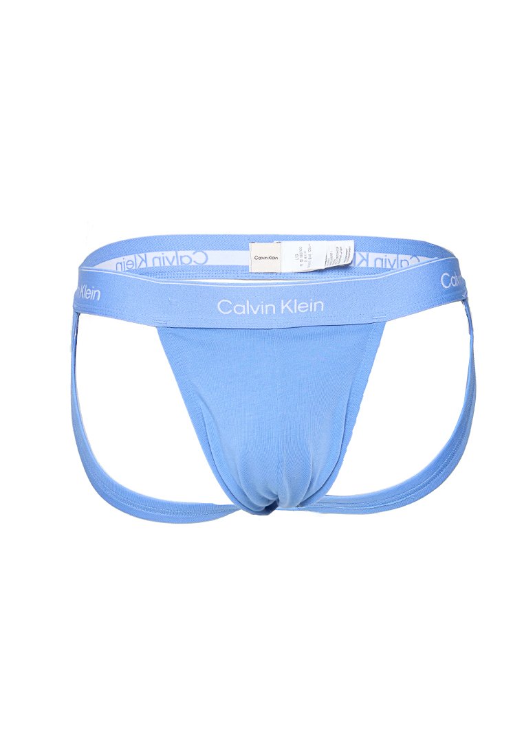 Helles blaues Calvin Klein Herren-Jockstrap mit weißem Logo am Bund und eingenähtem Pflegeetikett.