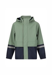 Giacca impermeabile in verde chiaro e blu navy con cappuccio, dotata di chiusura con zip e polsini elasticizzati. Include strisce riflettenti sulle maniche.