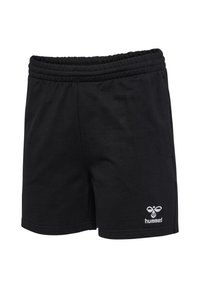 Juodi šortai su elastinga juosmenine juosta ir mažu baltu hummel logotipu apatinėje kairės kojos dalyje, pateikti ant balto fono.