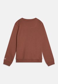 Brauner Sweatshirt mit rundem Ausschnitt und gerippten Bündchen. Verfügt über eine weiche Textur, ein einfaches Design und ein kleines Logo am unteren Ärmel.