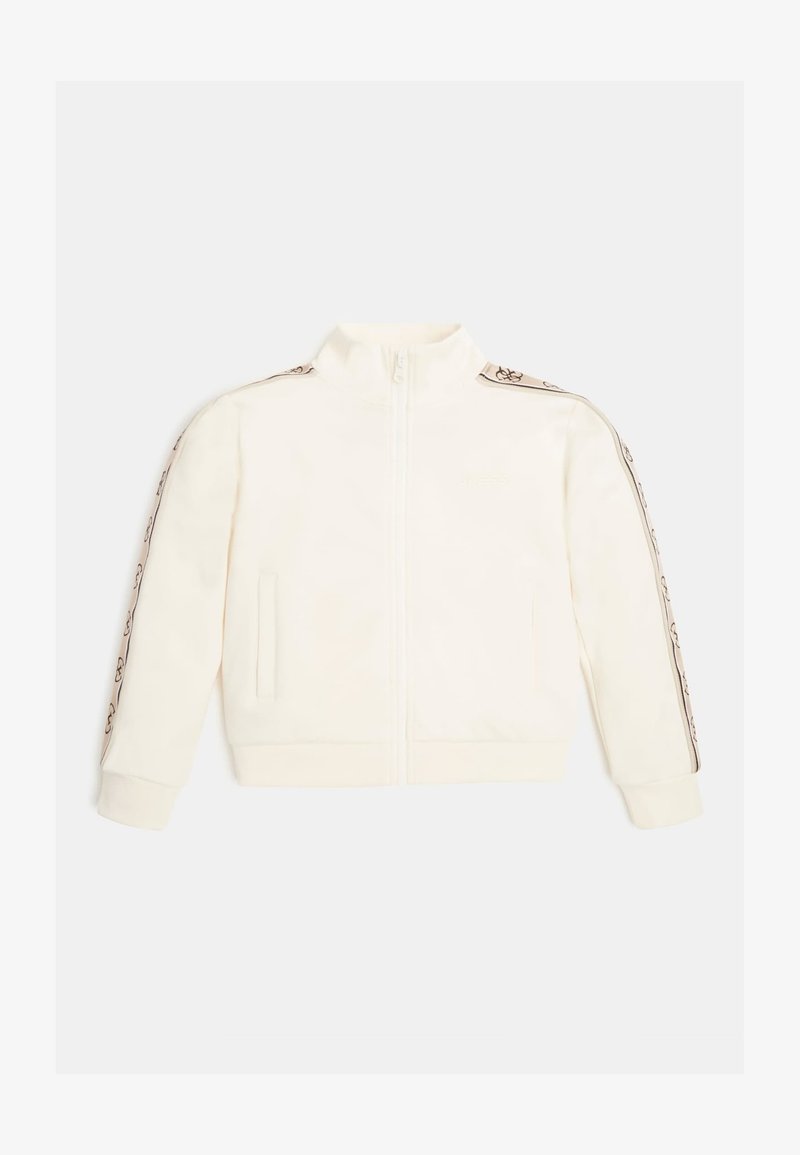 Krämfärgad zip-up jacka med hög krage, med texturerade sidostråk och två framfickor. Mjuk tyg med ribbade muddar.