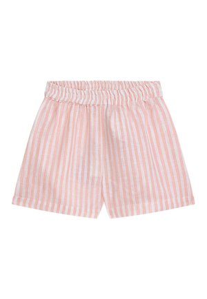 Rosa-weiß gestreifte Baumwollshorts mit elastischem Bund und lockerem Schnitt, flach auf einem weißen Hintergrund liegend.