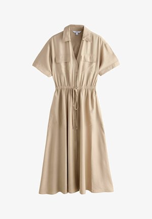 Bézs midi ruha rövid ujjakkal, galléros nyakkivágással, elöl gombokkal, két mellzsebbel és húzózsinóros derékkal.