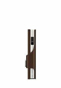 Brown leather wallet holder with a silver metal body and a black sliding button. Features a logo engraving. Slim, sleek design.