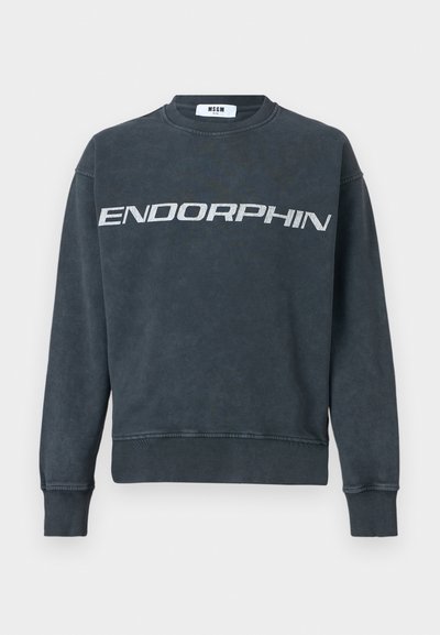 Sweat-shirt gris foncé à col rond avec poignets et ourlet côtelés, arborant le mot « ENDORPHIN » imprimé en grandes lettres blanches sur la poitrine.