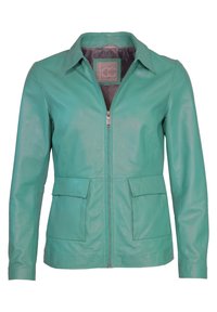 Grüne Lederjacke mit kragenförmigem Ausschnitt, vorderem Reißverschluss, zwei großen Fronttaschen und einer glatten, glänzenden Textur.
