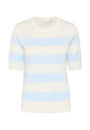 Short-sleeve knit top with white and light blue horizontal stripes. Features a rounded neckline and soft texture. Brand label visible at collar.