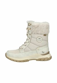 Witte enkellaarsjes met nepbont kraag, uitgerust met gouden hardware, een gestructureerde bovenkant en een gevoerde zool voor comfort. Logo aan de zijkant.