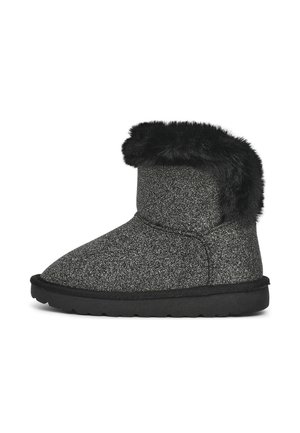 Bottines à paillettes noires avec un doux revers en fausse fourrure noire, bout rond et semelle en caoutchouc noir contrastant. Texture lisse sur l'ensemble.