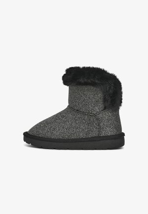 Bottines à paillettes noires avec un doux revers en fausse fourrure noire, bout rond et semelle en caoutchouc noir contrastant. Texture lisse sur l'ensemble.