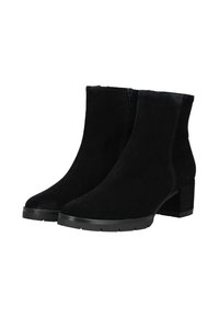 Pár černých kožených kotníkových bot se širokými podpatky a bočními zipy, navržených pro dámskou módu a pohodlí.