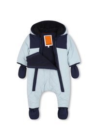 Lichtblauw gewatteerd sneeuwpak met navy accenten, capuchon, ritssluiting en afneembare wanten. Zachte binnenvoering voor warmte.