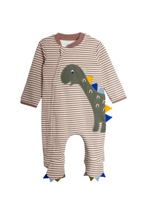 Długi jednoczęściowy kombinezon niemowlęcy z długim rękawem i stopami, w beżowo-białe paski, z zieloną aplikacją dinozaura z kolorowymi kolcami z przodu i na stopach.