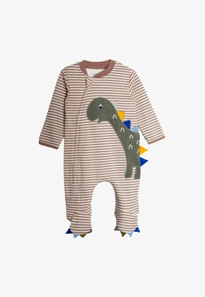 Langärmeliger Baby-Strampler mit Füßen in beige-weißen Streifen, mit einer grünen Dinosaurier-Applikation mit bunten Stacheln vorne und an den Füßen.
