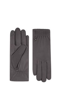 Ein Paar dunkelgraue Lederhandschuhe mit gerafftem Handgelenk und einem kleinen dekorativen Metallknopf auf der Rückseite eines Handschuhs.