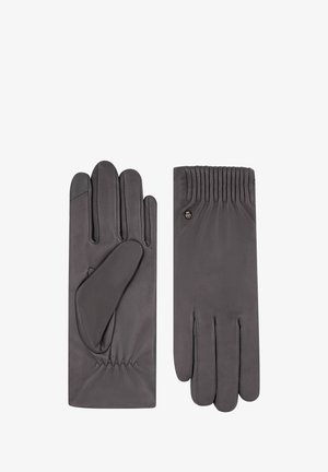 Een paar donkergrijze leren handschoenen met een gathered polsdetail en een kleine decoratieve metalen knop op de achterkant van één handschoen.