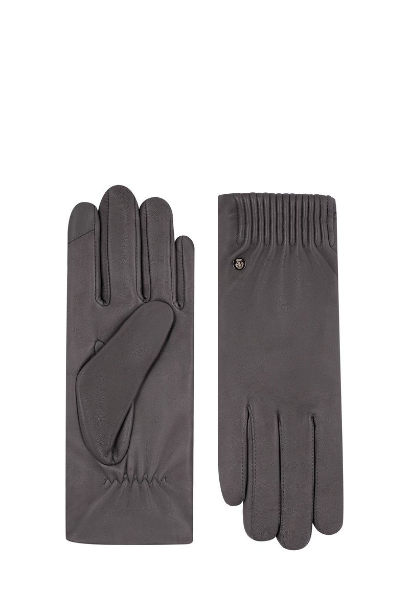 Ein Paar dunkelgraue Lederhandschuhe mit gerafftem Handgelenk und einem kleinen dekorativen Metallknopf auf der Rückseite eines Handschuhs.