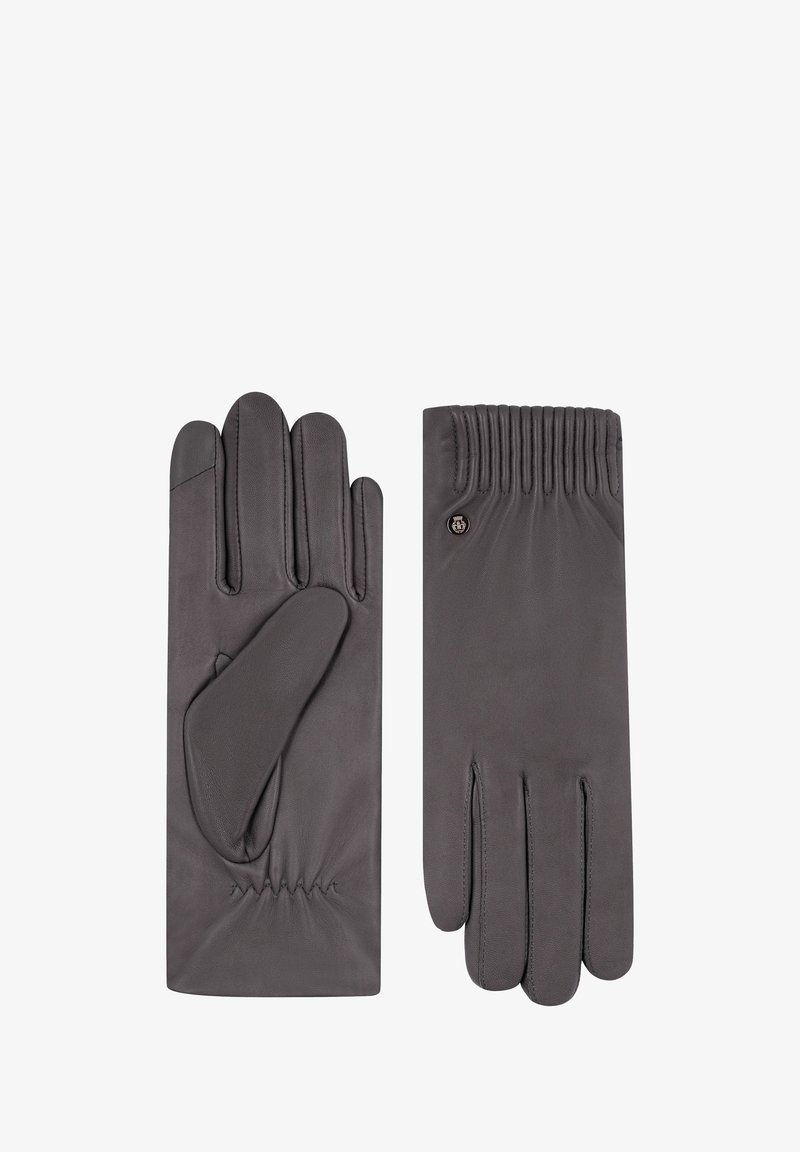 Een paar donkergrijze leren handschoenen met een gathered polsdetail en een kleine decoratieve metalen knop op de achterkant van één handschoen.