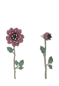 Lillelise kõrvarõngad, mis sisaldavad roosa ja musta vääriskivi ning rohelisi leheaktsente. Hõbedatooni metall koos keeruka detailiga ja lehekujudega.
