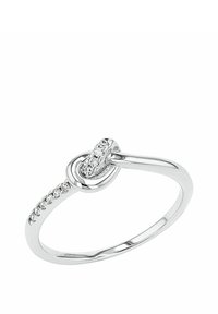 Anello d'argento con una banda liscia, caratterizzato da un design ad anello nella parte superiore incastonato con piccoli diamanti su un lato.
