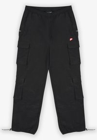 Černé nákladní kalhoty s elastickým pasem, několika bočními kapsami a stahovacími šňůrkami u kotníků. Jsou opatřeny malým červeným logem.