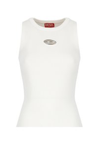 Top senza maniche bianco a coste con un particolare logo circolare argentato sul davanti. Tessuto morbido con una silhouette aderente.