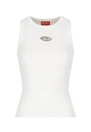 Top senza maniche bianco a coste con un particolare logo circolare argentato sul davanti. Tessuto morbido con una silhouette aderente.