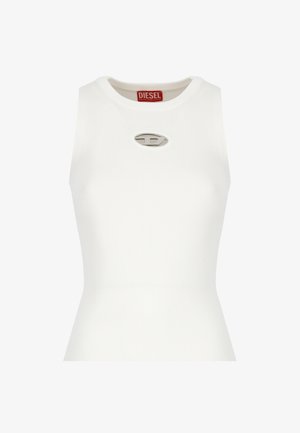 Top senza maniche bianco a coste con un particolare logo circolare argentato sul davanti. Tessuto morbido con una silhouette aderente.