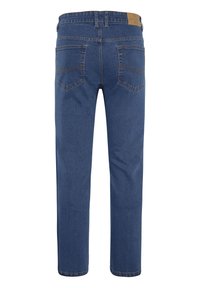 Blue denim jeans feature a straight-leg cut, two back pockets, and a tan leather label on the waistband. Stitching is visible around pockets.