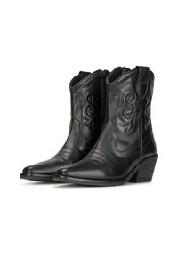 Botas de vaquero de cuero negro con puntas afiladas, costuras decorativas y un tacón bajo apilado. Cuenta con cremalleras laterales para facilitar su uso.