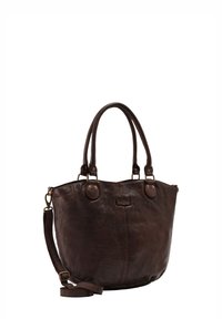 Sac à main en cuir marron foncé avec deux poignées arrondies et une bandoulière amovible sur fond blanc.