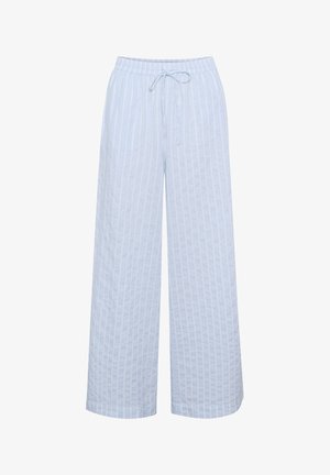 Pantalons larges bleu clair en tissu texturé avec des rayures blanches verticales, dotés d'une taille élastique et d'un cordon de serrage.