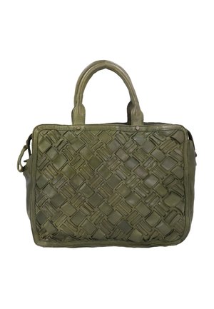 Olivgrüne Lederhandtasche mit kurzen Griffen und einem gewebten, verflochtenen Muster auf der Vorderseite, rechteckige Form.