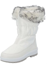 Bota aislante blanca con ribete de piel sintética, con cremallera en la parte delantera, parte superior acolchada y suela texturizada para mayor tracción. Material suave similar al cuero.
