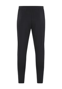 Pantalons noirs à taille élastique fabriqués en tissu lisse et extensible. Ils présentent un design de jambe effilée sans motifs ni embellissements visibles.