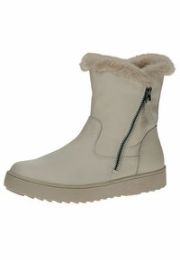 Light beige ankle boot made of leather, featuring a faux fur collar, side zipper, and textured rubber sole. Smooth upper with stitching details.