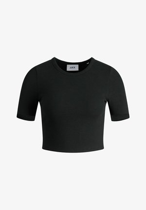 T-shirt noir cropped en matière côtelée avec un col rond et des manches courtes. Présente une étiquette à l'intérieur avec le nom de la marque "JJXX."