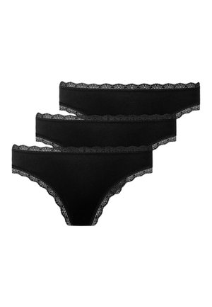 Black lace-trimmed underwear set featuring three pairs with smooth fabric, low-rise design, and scalloped edges for added detail.