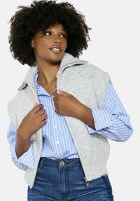 Pelēks vilnas bezpiedurkņu veste ar augstu apkakli, ar rāvējslēdzēju, uzvilkta virs gaiši zils svītrainas krekla un tumši ziliem džinsiem.