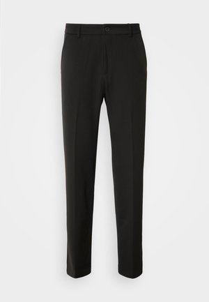 Zwarte broek van gladde stof, met rechte pijpen, een knoopsluiting en een klassiek ontwerp dat geschikt is voor zowel formele als casual gelegenheid.