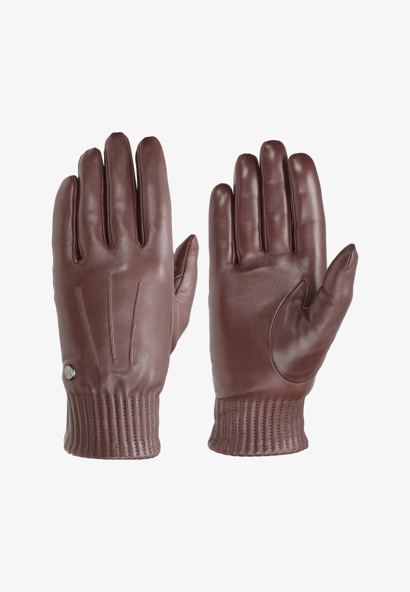 Guanti in pelle marrone con polsini a coste, caratterizzati da tre linee di cucitura sul retro e un accento decorativo in argento.