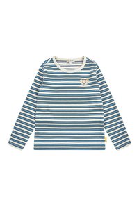 Camicia a maniche lunghe a righe con strisce blu, bianche e nere. Presenta una toppa a forma di orso sul petto e un collo rotondo. Tessuto morbido.