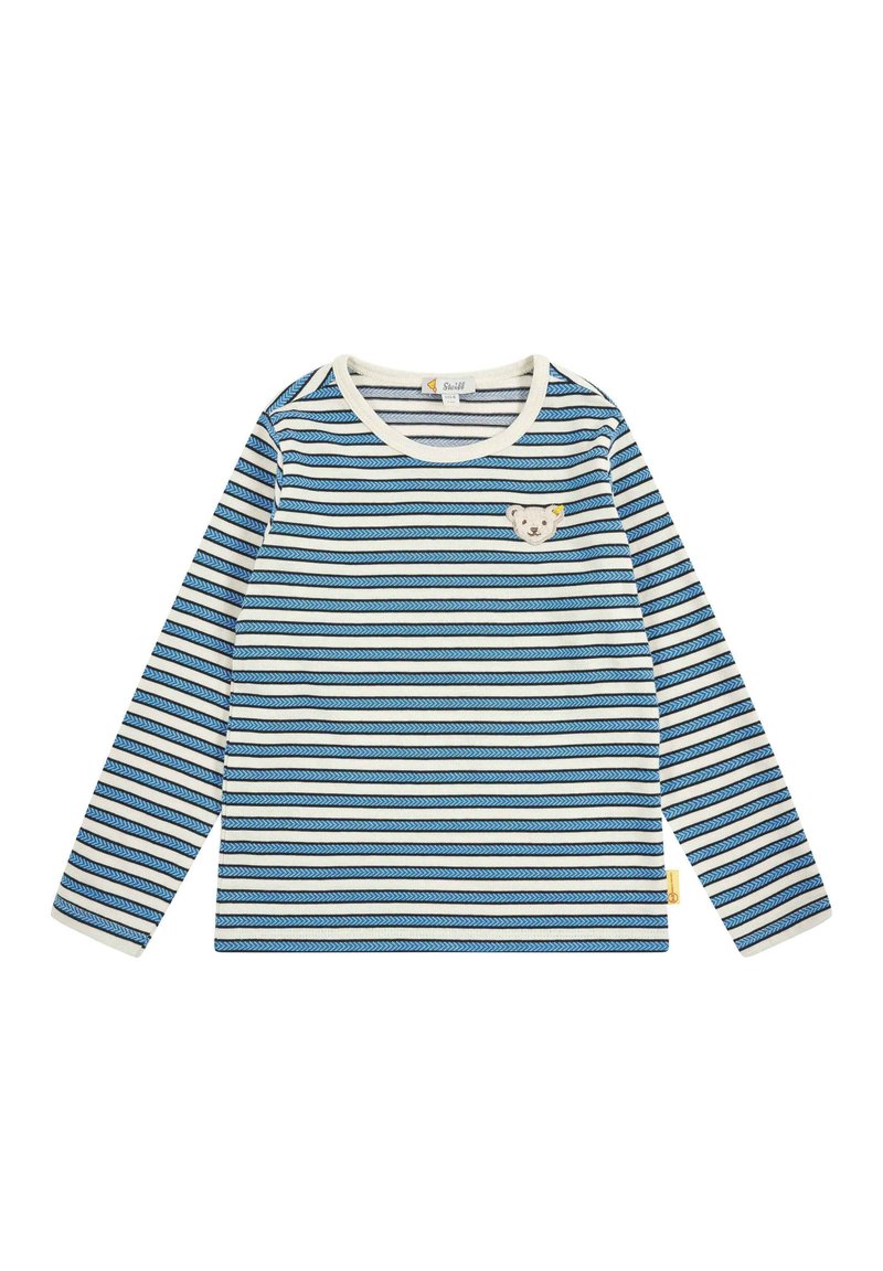 Camicia a maniche lunghe a righe con strisce blu, bianche e nere. Presenta una toppa a forma di orso sul petto e un collo rotondo. Tessuto morbido.