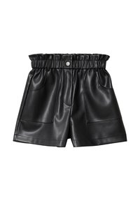 Shorts en simili cuir noir avec une taille élastique, deux poches avant et une texture lisse et brillante.