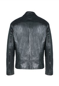 Svart läderjacka med en slät, strukturerad yta, med klassisk krage, strukturerade axlar och sömnadsdetaljer på ryggen.