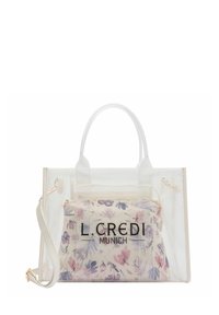 Sac fourre-tout en mesh transparent avec des accents en cuir blanc, comprenant une pochette intérieure à motif floral et des poignées supérieures. Bandoulière réglable incluse.