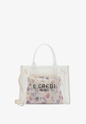 Transparent mesh tote bag with white leather accents, featuring a floral-patterned inner pouch and top handles. Adjustable shoulder strap included.